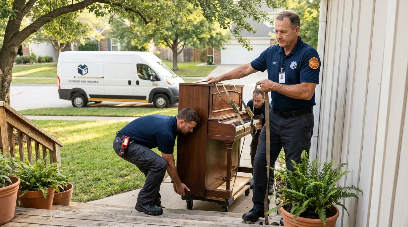Licensed piano movers securing grand piano in Homer City, PA