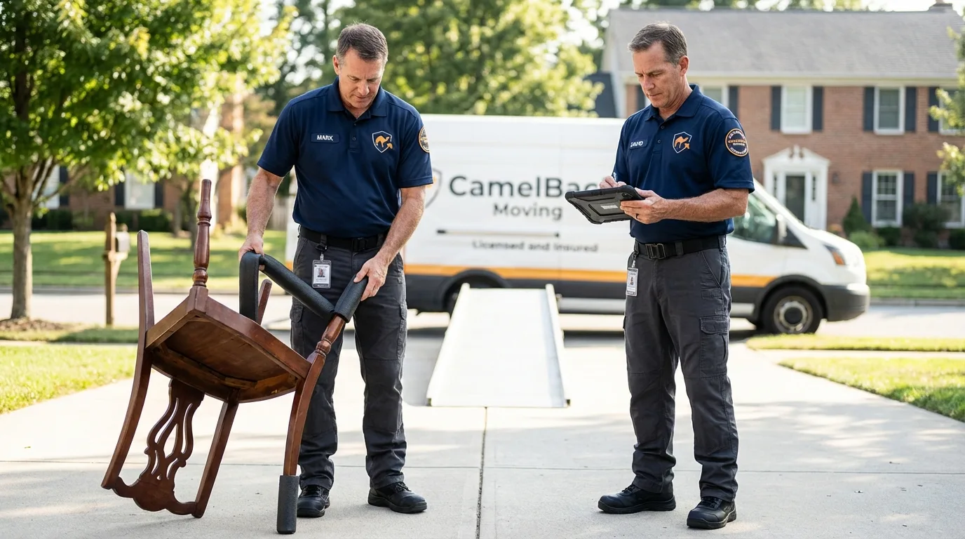 Movers inspecting furniture for damage prevention before loading in Homer City, PA