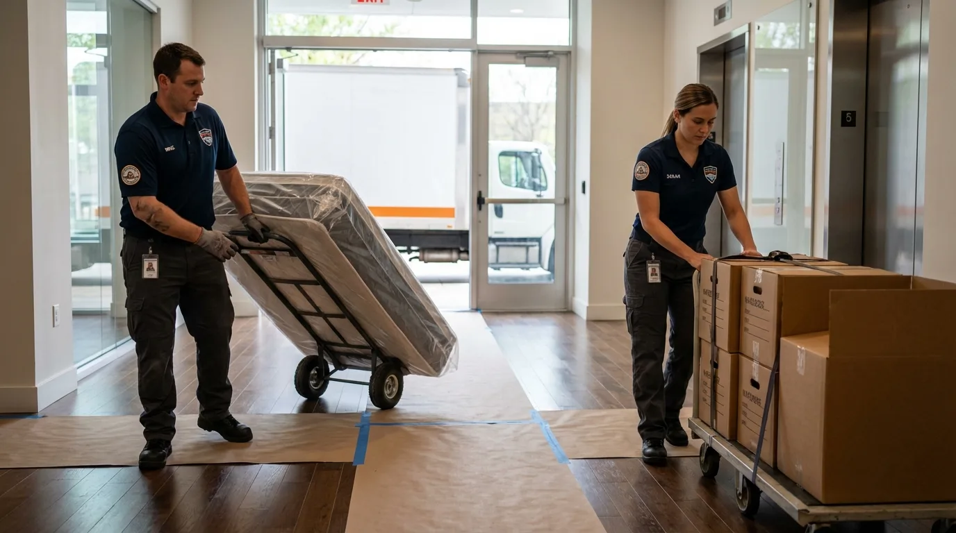 Professional apartment movers loading elevator in Homer City, PA