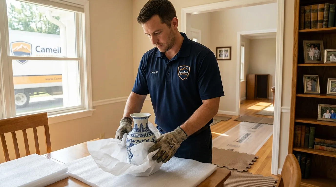 Professional crew carefully wrapping antique vase for senior downsizing move in Homer City, PA